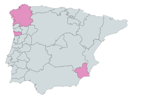 Mapa de España con ubicaciones marcadas en Galicia, Lugo, Yecla y Porto